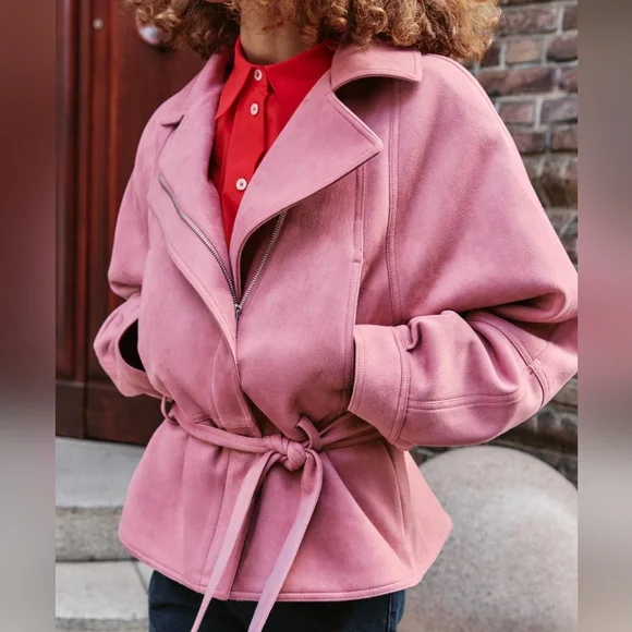 Zara Set Faux Suede Belted Jacket L+ Pencil Midi Skirt XL Lilac - Picture 3 of 12